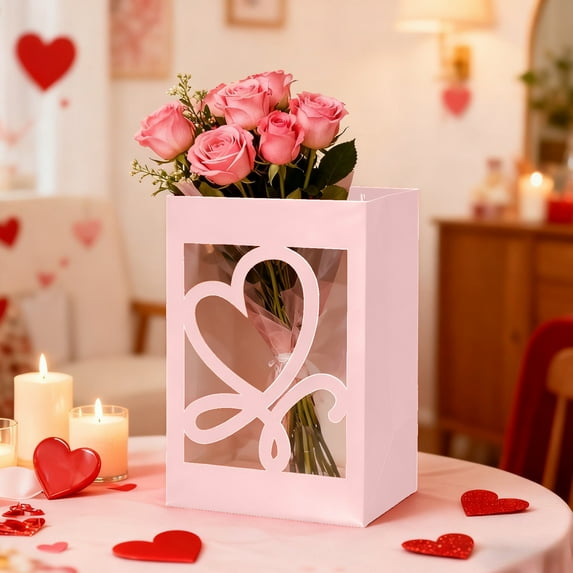 Uxgjfwu Paper Gift Bags with Clear Window, Heart Valentine's Day Present Bag, Kraft Shopping Bag with Handle for Flower Bouquet, Party Favors