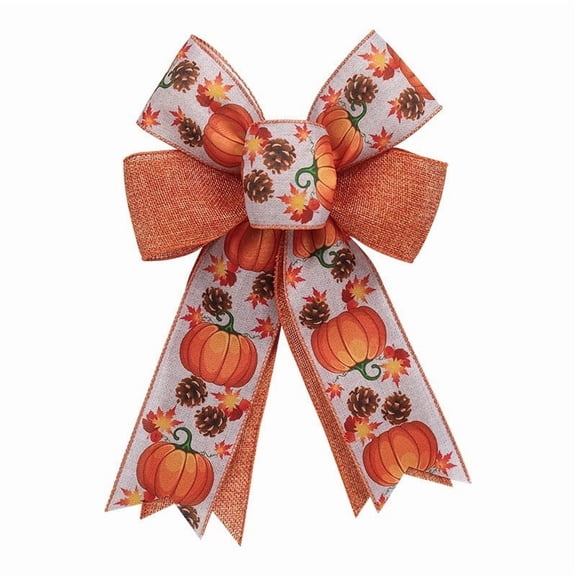 Uxgjfwu Pumpkin Print Wired Ribbon Bow, Fall Thanksgiving Decorative Bow with Maple Leaf Pattern, Rustic Wreath and Gift Ornament