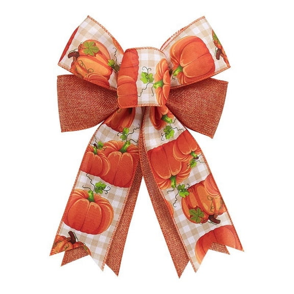 Uxgjfwu Pumpkin Print Wired Ribbon Bow, Fall Thanksgiving Decorative Bow with Maple Leaf Pattern, Rustic Wreath and Gift Ornament