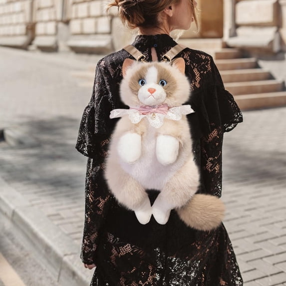Uxgjfwu Ragdoll Cat Backpack Toy, Cute Kitty Double Shoulder Bag with Meow Sound, Doll for Girls, Plush Animal Pack for Outing, Gift, Interactive, Fun