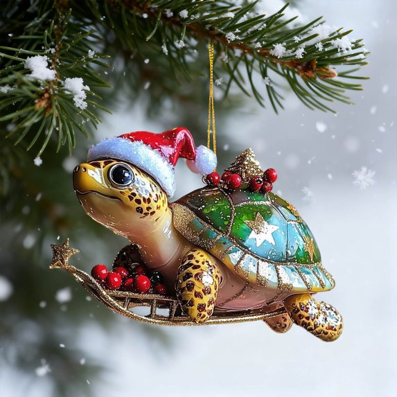 Uxgjfwu Santa Hat Turtle Ornament, Gold Dust Acrylic Christmas Hanging Decoration, Cute Animal Design for Tree, Gift Package, Party Decor
