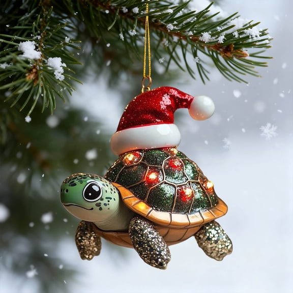 Uxgjfwu Santa Hat Turtle Ornament, Gold Dust Acrylic Christmas Hanging Decoration, Cute Animal Design for Tree, Gift Package, Party Decor