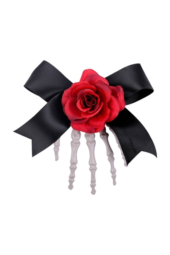 Skeleton Hair Clip Bone Hand Rose Bow Accessory - Gothic Festival Party Hairstyle Decoration