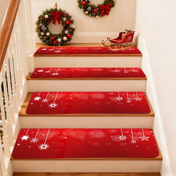 Uxgjfwu Snowflake Stair Tread Mat, Christmas Themed Step Cover with Non-Slip Backing, Holiday Pattern Staircase Decor for Home, Entryway