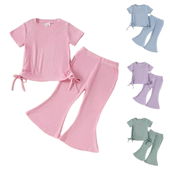 Uxgjfwu Summer Clothing Girls Solid Color Comfortable Fashionable Bow Short Sleeve Tops Long Pants Two-piece Set