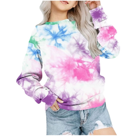 Uxgjfwu Sweatshirt for Teen Girls Crewneck Sweatshirt Kids Long Sleeve Shirts Tie Dye Print Pullover Sweatshirts