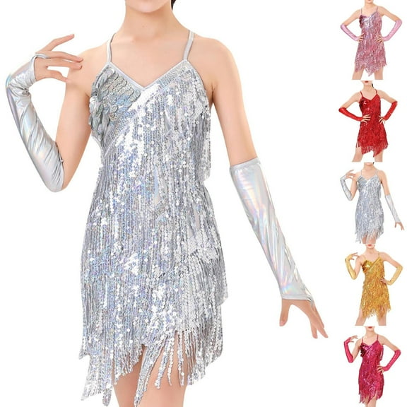 Uxgjfwu Teen Girls Party Dress Sequined Dress Dance Practice Dress Tassel Performance Dress with Sleeve Cuffs Set