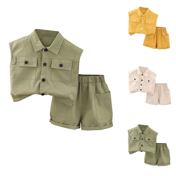 Uxgjfwu Fashion Boys' Outfits Casual Short Sleeve Blouse Round Neck Collar Botton Printed Short Shorts Sets