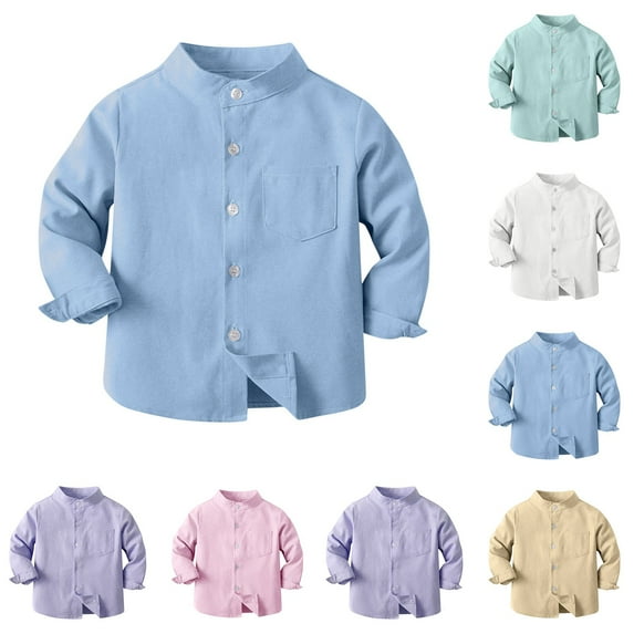 Uxgjfwu Long Sleeve Blouse for Boys Dressy Tops Boys Back-to-School Tops Soid Color Stand-up Collar Blouse