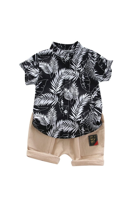 Toddler Boy Short Sleeve Pattern Shirt and Shorts Set Summer Clothes 2 Piece Outfits Set Sizes 6M-3T,Black