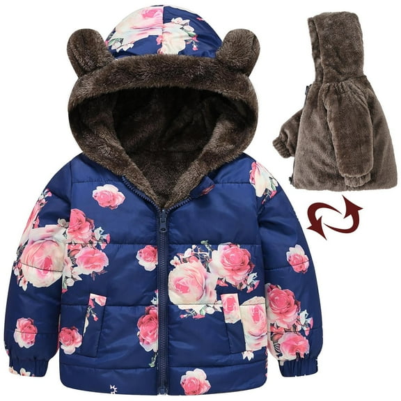 Uxgjfwu Toddler Fleece Lined Jackets Infant Boys Girls Flower Print Plush Cute Winter Thick Casual Keep Warm Hooded Coat Jacket
