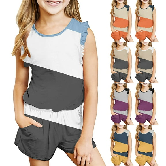 Uxgjfwu Toddler Outfit Sets Casual Color Block Printed Shorts Sets Sleeveless Summer Clothing Sets Tops Shorts Sets