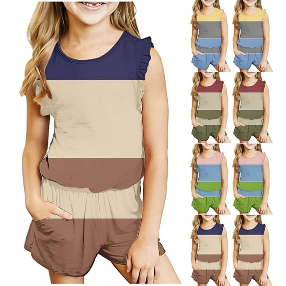 Uxgjfwu Toddler Outfit Sets Casual Sleeveless Summer Clothing Sets Tops Shorts Sets Color Block Printed Shorts Sets