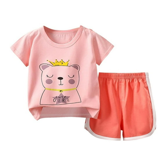 Uxgjfwu Toddler Summer Outfits Boys Girls Cute Short Sleeve Print Casual Suit Home Clothes Two-piece Set, Sizes 6M-6T,Pink
