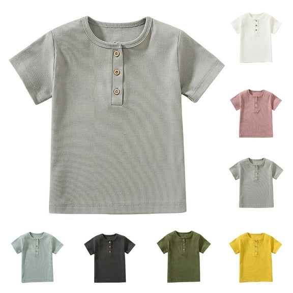 Uxgjfwu Toddler Summer Tops Boys Girls Plain Print Button Round Neck Short Sleeve Top Shirts Sizes 2T-6T,Green