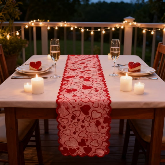 Uxgjfwu Valentine's Day Heart-Shaped Lace Table Runner & Placemat Set, Red Table Cover for Wedding Engagement Party Dinning Table Decoration