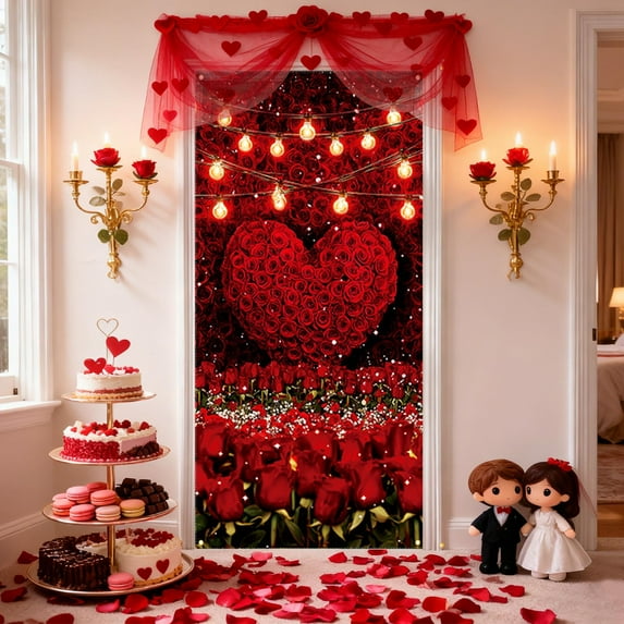 Uxgjfwu Valentines Day Door Curtain, Decorative Hanging Fabric Door Cover with Holiday Pattern, Seasonal Wall Decor for Living Room, Bedroom, Party, Festival Celebration