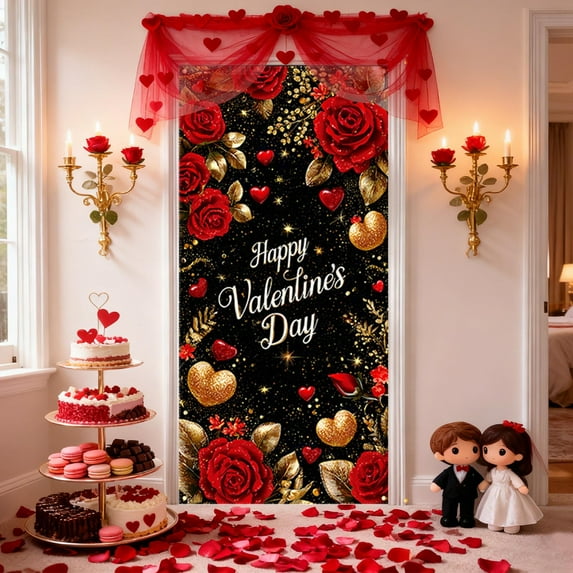 Uxgjfwu Valentines Day Door Curtain, Decorative Hanging Fabric Door Cover with Holiday Pattern, Seasonal Wall Decor for Living Room, Bedroom, Party, Festival Celebration