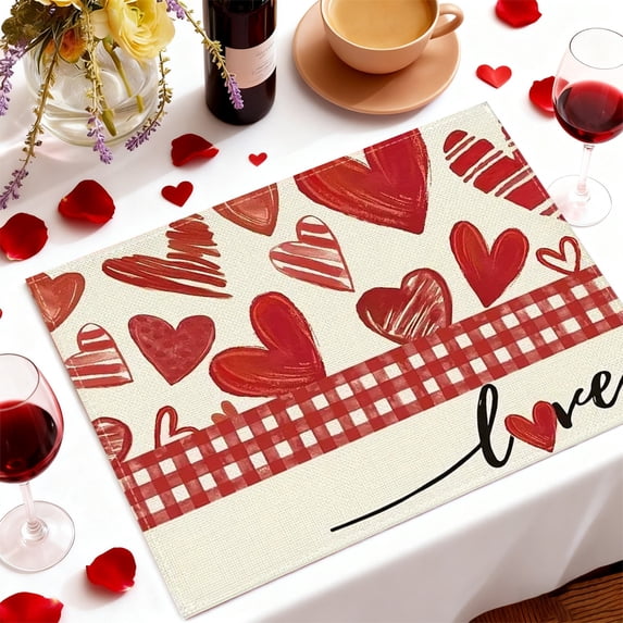 Uxgjfwu Valentines Day Placemats Set, Linen Insulated Table Mats with Heart Print, Holiday Party Dining Accessories for Table Setting, Kitchen, Festive Meal Decoration