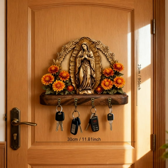 Uxgjfwu Wooden Virgin Mary Key Rack, Wall Mounted Key Holder with Religious Design, Handcrafted Organizer for Home Entryway, Decorative and Functional Piece