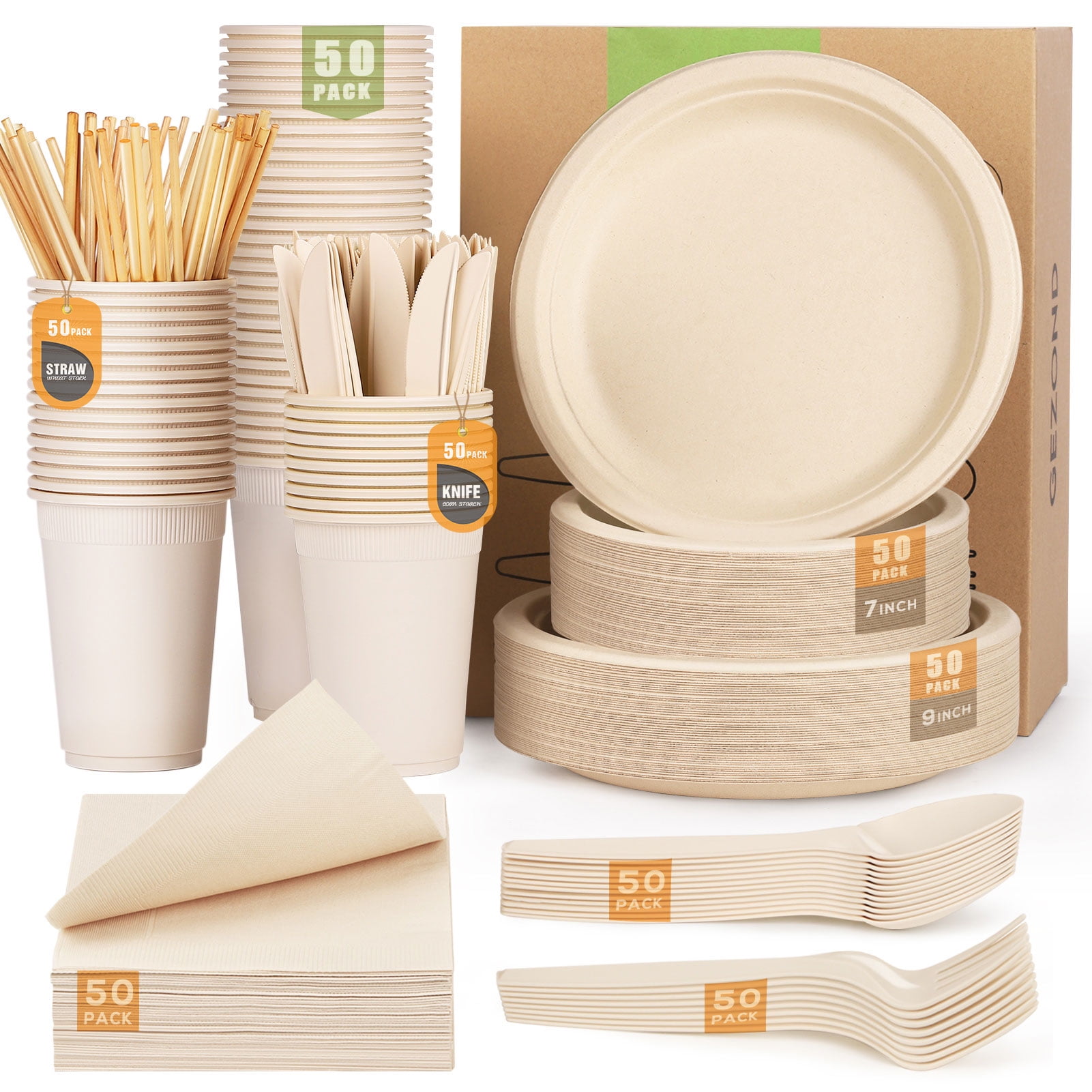 Fuyit 200 Piece Biodegradable Paper Plates Set, Disposable