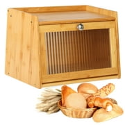 Uyoyous Bamboo Bread Box, Bread Storage Bin w/ Wave Acrylic Door Bakery Storage Box for Kitchen Counter, 15.75" L x 9.84"W x 10.63"H