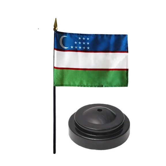 Uzbekistan Desk Flag with Base; American Made Rayon 4x6 inch Miniature Table Set Includes One Small Mini Country Stick Flags and One Black Stand (Uzbekistan Desk Flag and Base)