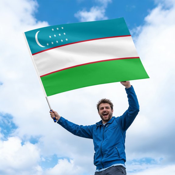 Uzbekistan Telescoping Fan Flag – 1.6m Extendable Pole & Large National Banner with White Crescent & 12 Stars for Soccer Matches & Celebrations
