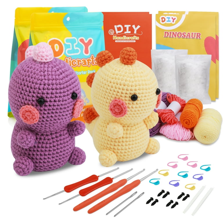 UzecPk 2 Set Beginners Crochet Kit, Cute Dinosaur Crochet Kit for Beginers  and Experts, All in One Crochet Knitting Kit with Step-by-Step Instructions