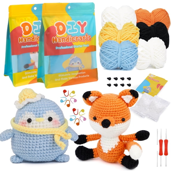 UzecPk Beginners Crochet Kit, 2 Pack Cute Small Animals Kit for Beginers and Experts,Crochet Starter Kit for Beginner DIY Craft Art (Penguin&Fox).