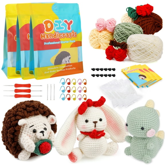 UzecPk Beginners Crochet Kit, 3 Pack Cute Small Animals Kit for Beginers and Experts, Step-by-Step Instructions Video, Crochet Starter Kit for Beginner DIY Craft Art.