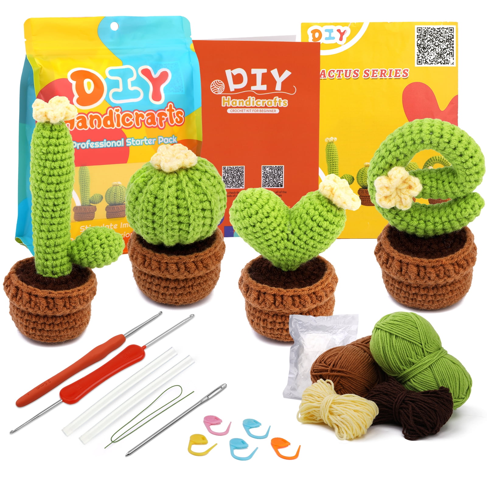 UzecPk Beginners Crochet Kit, 4 Pack Cactus Crochet Kit for Beginers