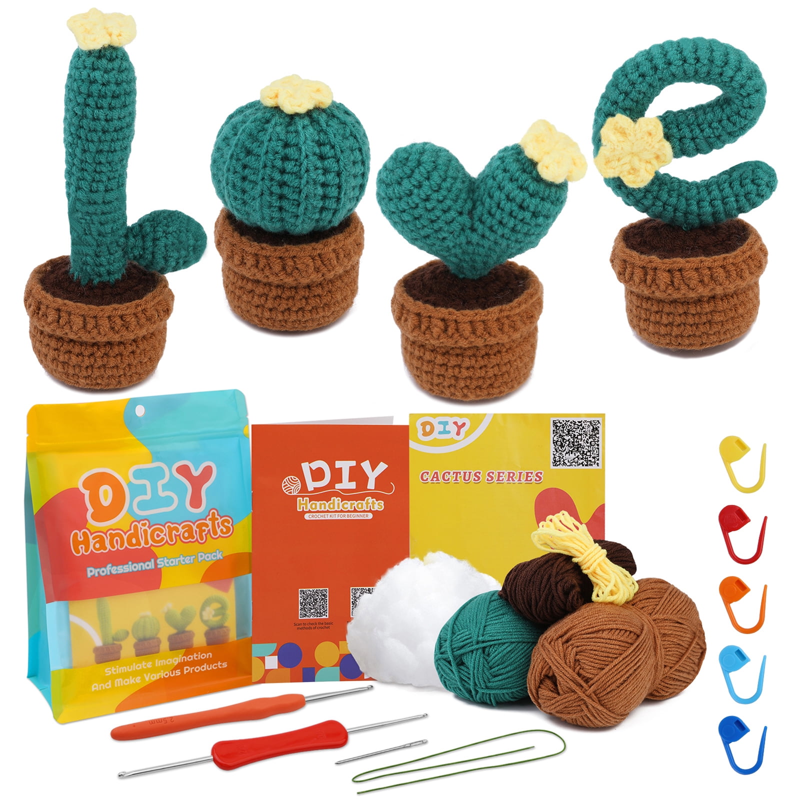 UzecPk Beginners Crochet Kit, 4 Pack Cactus Crochet Kit for Beginers and  Experts, All in One Crochet Knitting Kit with Step-by-Step Instructions  Video and Yarn(Light Green) 