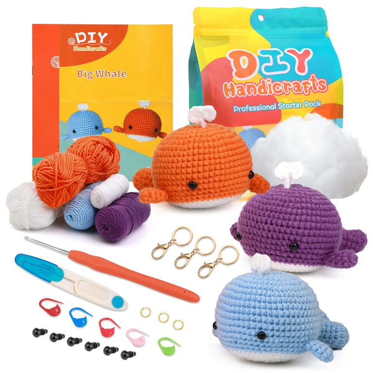 UzecPk Beginners Crochet Kit, Cute Animal Crochet Kit for Beginers and  Experts, All in One Crochet Knitting Kit with Step-by-Step Instructions  Video(3 Colors Whale) 