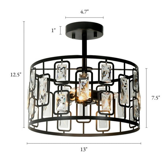 LNC Uzel 3-Light 13-in Matte Black Crystal LED Semi-flush Mount Light,13"Lx12"Hx13"D