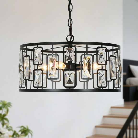 LNC Uzel 4-Light 1-Tier Modern Metal Matte Black Hardwired Crystal Drum Chandelier