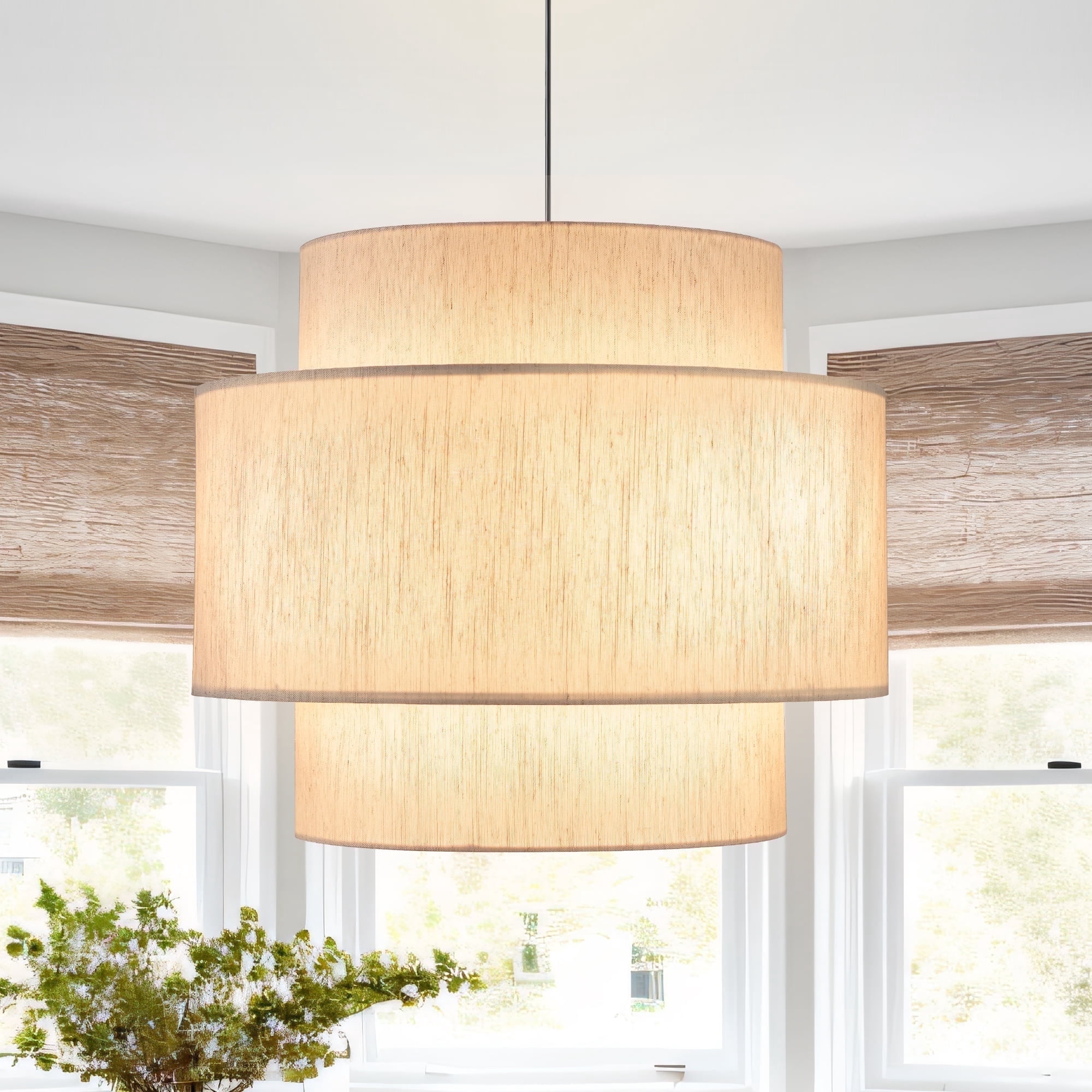 Uznhty 3-Tier Pendant Lights 19.7 inch Drum Chandeliers for Dining Room Light Fixture with Large Beige Linen Lamp Shade for Kitchen Island Living Room Foyer Bedroom E26
