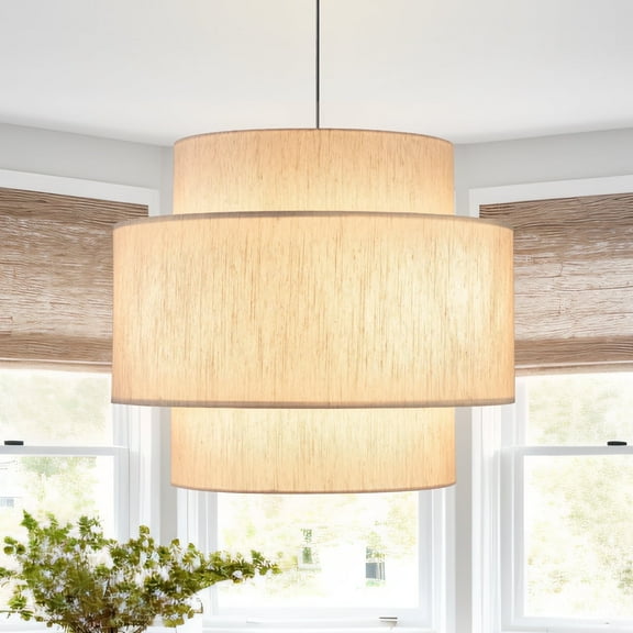 Uznhty 3-Tier Pendant Lights 19.7 inch Drum Chandeliers for Dining Room Light Fixture with Large Beige Linen Lamp Shade for Kitchen Island Living Room Foyer Bedroom E26