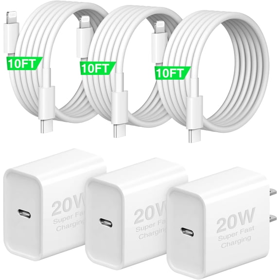 iPhone Fast Charger,3 Pack 20W USB C Wall Charger Block Adapter with 10FT Long Fast Charging Cable Compatible for iPhone 14/13/12/11/Pro/Pro Max/XS/Mini, iPad