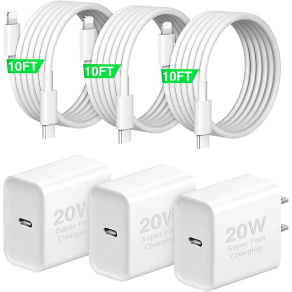 iPhone Fast Charger,3 Pack 20W USB C Wall Charger Block Adapter with 10FT Long Fast Charging Cable Compatible for iPhone 14/13/12/11/Pro/Pro Max/XS/Mini, iPad