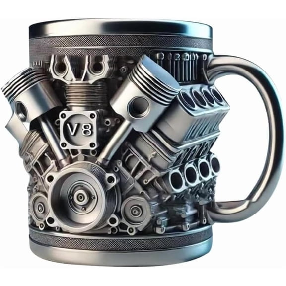 V-8 Engines Stainless Steel Cup, 14 OZ V-8 Engine Coffee Mug, Creative Car Engine Coffee Cup with Insulated Handle, 2025 Novelty Automobile Engine Coffee Mug