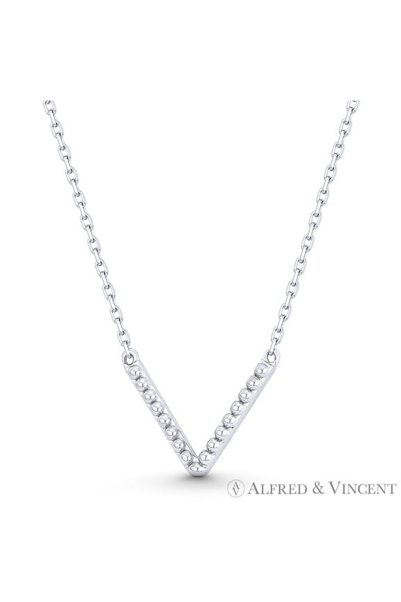 V-Bar Chevron Beaded Pendant & Chain Necklace in .925 Sterling Silver w/ Rhodium