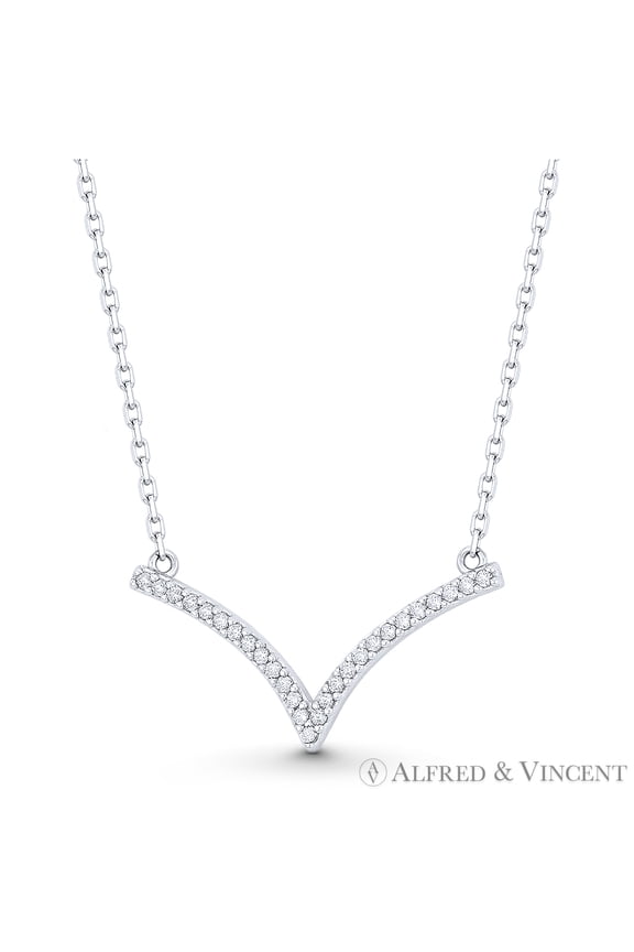 V-Bar Chevron Cubic Zirconia CZ Crystal Pendant & Chain Necklace in .925 Sterling Silver w/ Rhodium