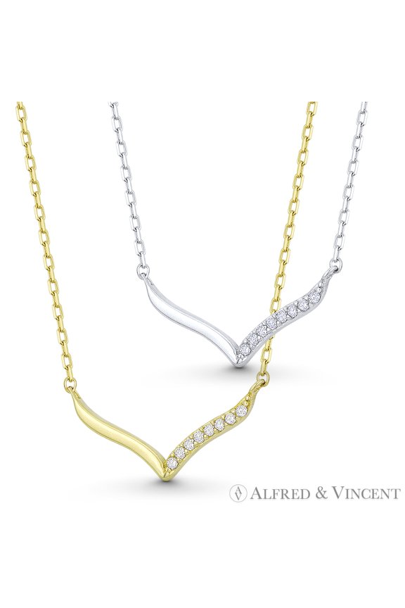 V-Bar Chevron Cubic Zirconia CZ Crystal Pendant & Chain Necklace in .925 Sterling Silver w/ Rhodium
