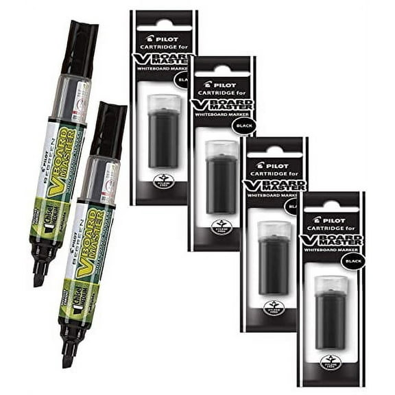 V Board Master Refillable Dry Erase Markers, Pilot, 2 Black Ink Bullet Tip Low Odor Markers with 4 Refills,