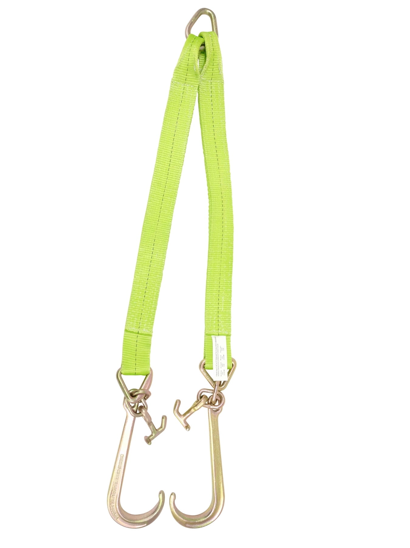 V Bridle Tow Strap 3" x 36" w/ 15" J Hook w/T-J Hooks, Hi VIZ/High Abrasion Green Webbing, 5400 lbs WLL | Recovery V-Strap w/Reinforced Webbing for Towing, Car Wrecker, Rollback