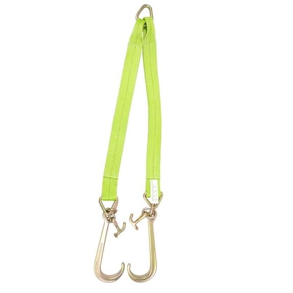 V Bridle Tow Strap 3" x 36" w/ 15" J Hook w/T-J Hooks, Hi VIZ/High Abrasion Green Webbing, 5400 lbs WLL | Recovery V-Strap w/Reinforced Webbing for Towing, Car Wrecker, Rollback