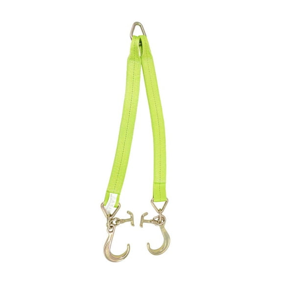 V Bridle Tow Strap 3" x 36" w/ 8" Mini J Hooks, T-J Hooks, Hi VIZ/High Abrasion Green Webbing, 5400 lbs WLL | Recovery V-Strap w/Reinforced Webbing for Towing, Wrecker