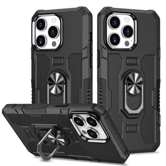 V CARE TOO iPhone 14 Pro Max Case Kickstand Solid Print Hard Shell Rugged Cell Phone Case with Rotatable Ring for Apple iPhone 14 Pro Max, Black