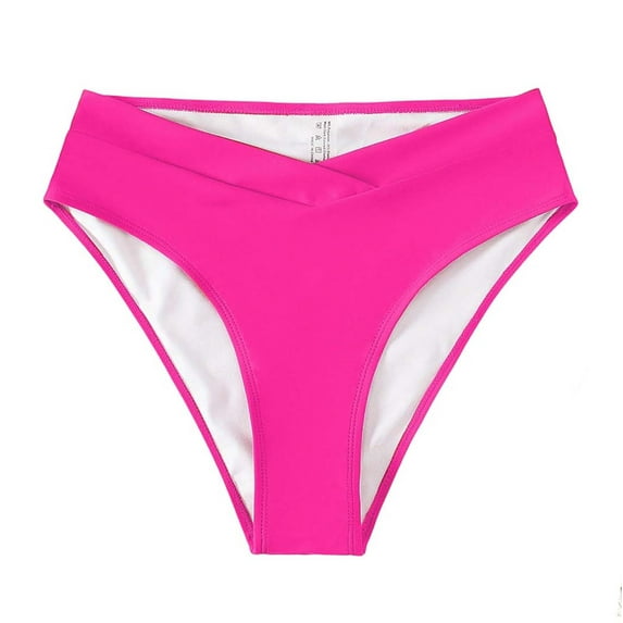 V Cut Bikini Bottoms for Women Full Coverage High Waisted Bathing Suit Swim Bottom Crossover V Front Swimwear (M, Hot Pink)